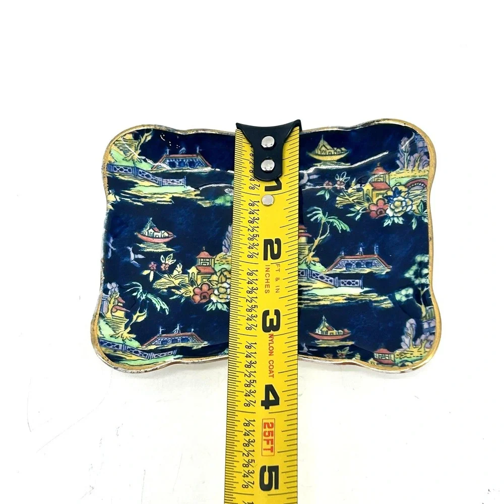 Royal Winton Staffordshire Chinoiserie Pin Tray Trinket Dish Blue Pagoda GoldRim